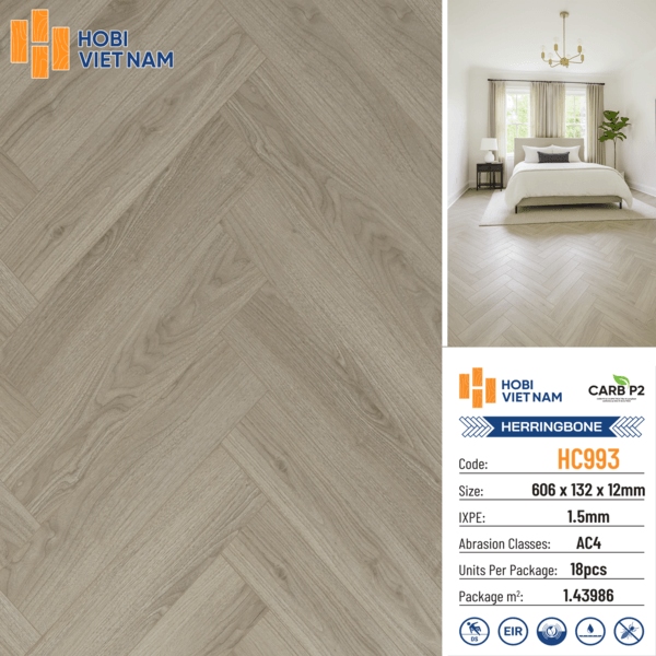 Phối cảnh lắp đặt hoàn thiện sàn gỗ xương cá Hobi HC993