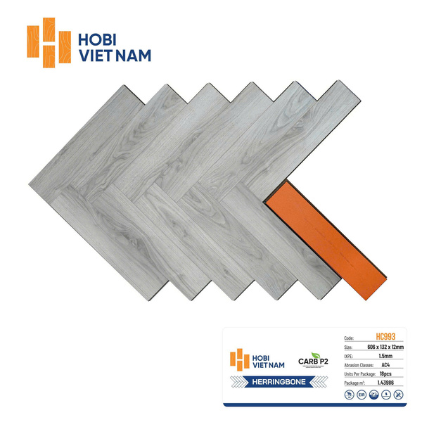Bề mặt sàn gỗ xương cá Hobi 12mm mã HC993 màu xám nhạt