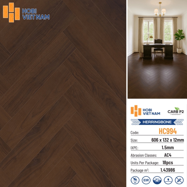 Phối cảnh lắp đặt hoàn thiện sàn gỗ xương cá Hobi HC994