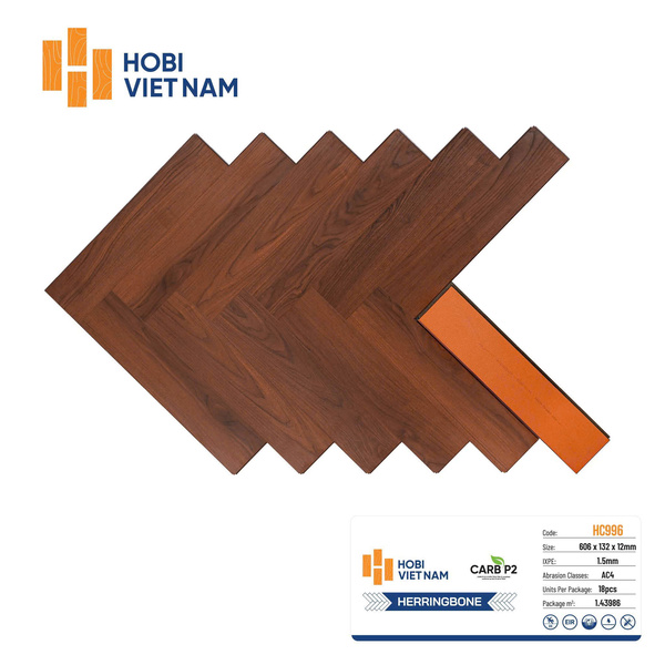 Bề mặt sàn gỗ xương cá Hobi 12mm mã HC996 màu nâu trầm